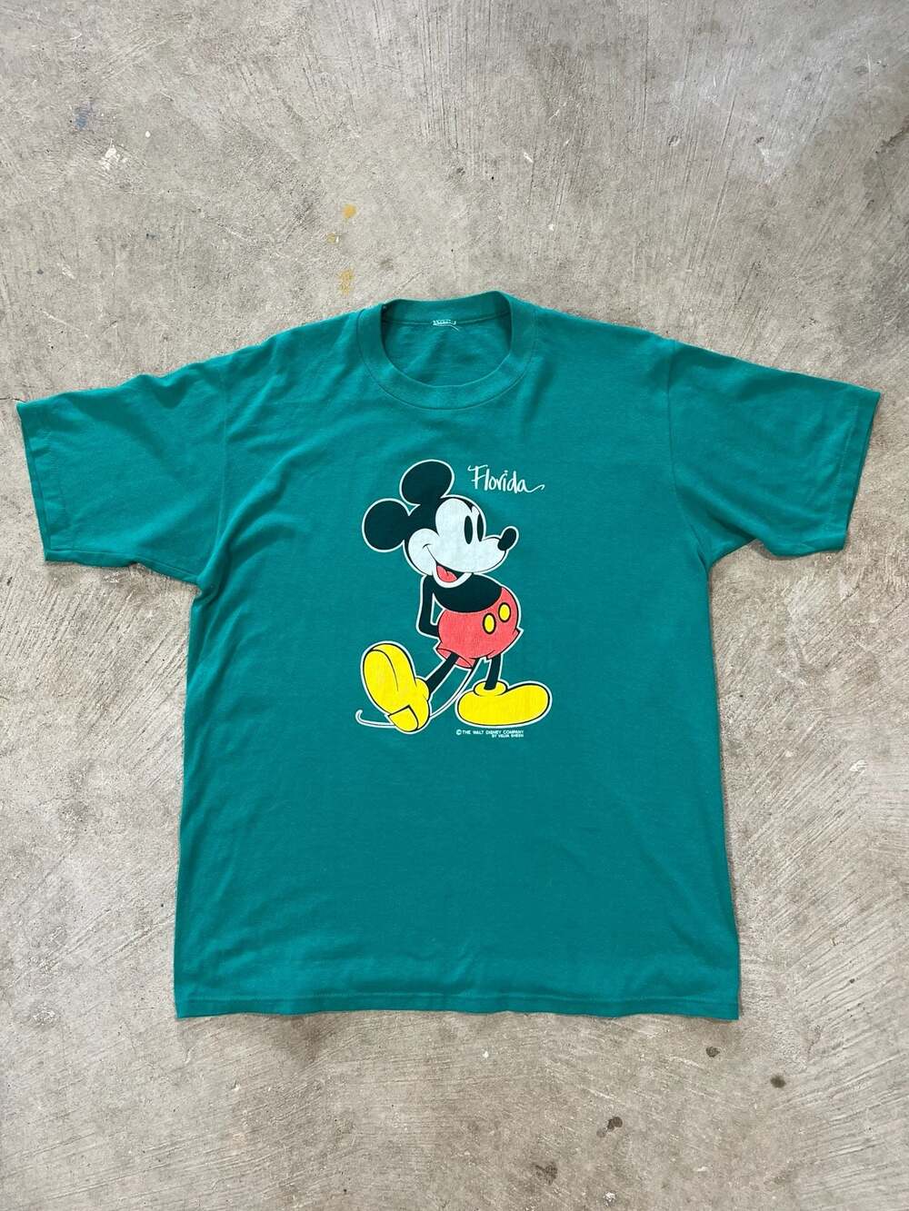 Vintage 1980s Mickey Mouse Florida T-Shirt Green Velva Sheen Disney Vacation L